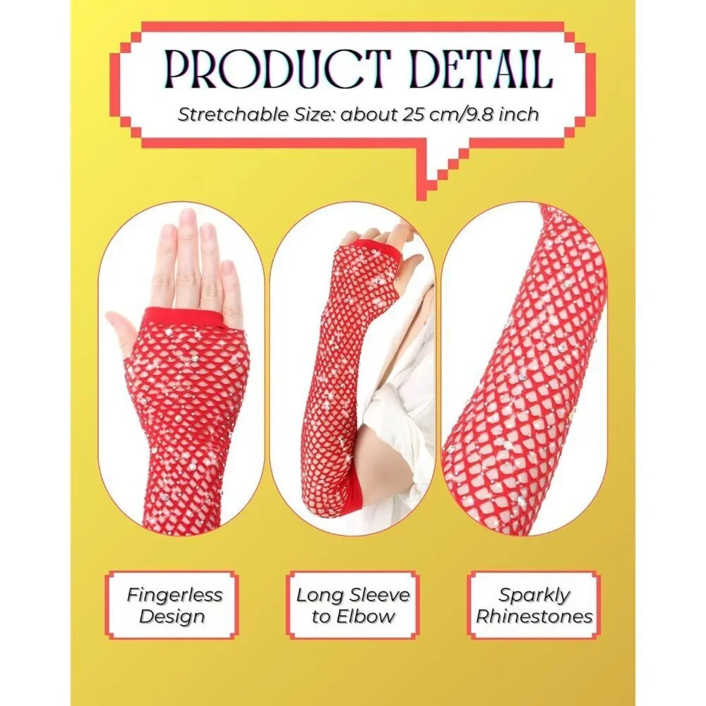 Women's Rhinestone Wine Red Sparkly Halloween Cosplay Fingerless Long Gloves
